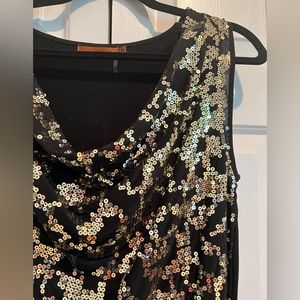 BELLDINI Sequin Top - Elegant Black w Gold Sequins, Sleeveless, Cowl Neck Top
